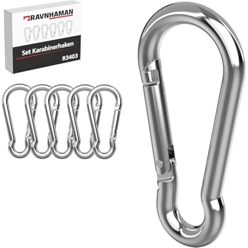 RAVN HAMAN Set di 6 Moschettoni 8 x 80 mm - Moschettoni con chiusura a scatto con capacità di carico fino a 230 kg - Gancio a scatto per portachiavi, amaca, sacco da boxe, ecc. - Acciaio zincato