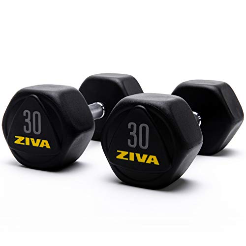 Ziva Performance Hex Dumbbells – Solid Steel Core, Premium Urethane Rubber Encasing, Corrosion Resistant - Commercial Grade For Rigorous Exercise, Strength Training - Pair Of Two Dumbbell, 30 Lb. #TOP6