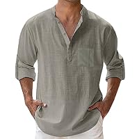 Camicia Lino Uomo, Camicie Manica Lunga Camicie Sportiva Slim Fit Elegante Shirt Estive Tinta Unita Casual Collo Coreana Spiaggi Shirts con Taschino M-4XL