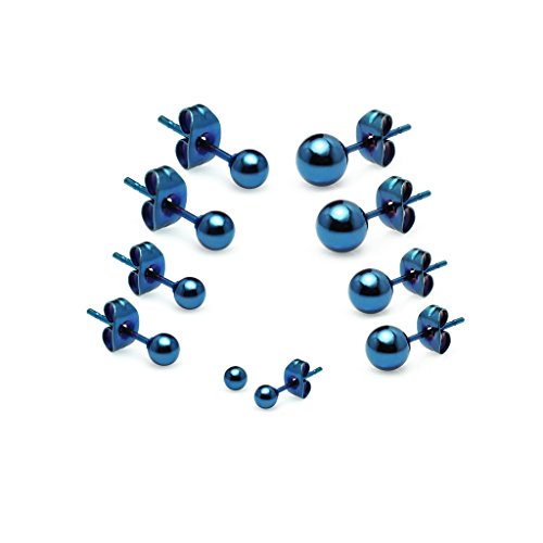River Island Jewelry– “5 Pairs” stainless steel Blue Round Ball Stud Earrings, 2 3 4 5 6mm