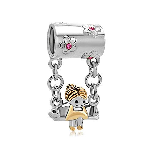 Lovelyjewelry Rose Pink Crystal Mother's Girl Mom Dad Boy Bead For Charm Bracelet (Girl Sitting On Swings) #TOP6
