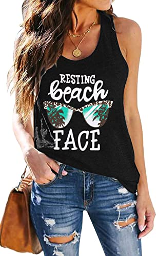 EGELEXY Summer Tanks Top Women Beach Cute Graphic Racerback Tanks Casual Sleeveless Vacation Shirts Top Black