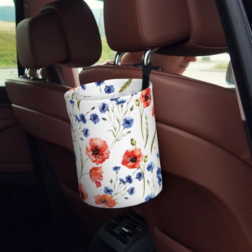 Image of Car Trash Bag Watercolor Red Blue Flowers Waterproof Trash Small Car Can Portable Collapsible Car Garbage Can Hanging for Back Seat Floor or Hanging Headrest Car Decor Road Trip Essentials