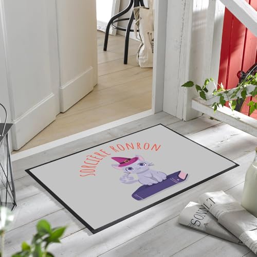 Paillasson Gris Sorcière Ronron Chat Halloween Mignon 75x50cm