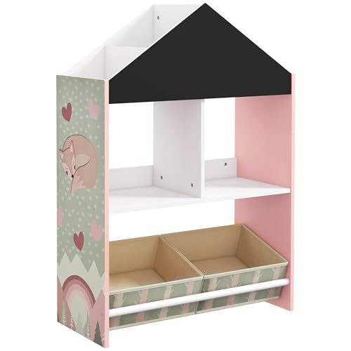 ZONEKIZ Estantería para Juguetes Organizador Infantil con Pizarra Pintable Estantes Abiertos y 2 Cajas de Tela no Tejida Extraíbles para Sala de Juegos Habitación Guardería 62,4x26,5x90 cm Rosa