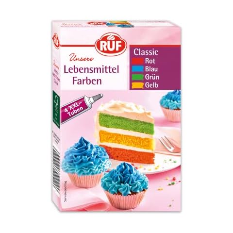 RUF Lebensmittel-Farben Classic, 4 XXL Tuben in Rot, Blau, Grün, Gelb, zum Färben von Teigen, Rainbow Cake, Fondant und Cremes, farbintensiv, 4 x 20g Cover