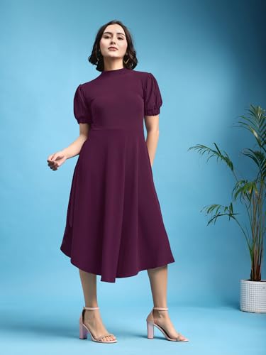 Image of PURVAJA Women's Fit & Flare Knee Length Short Sleeve Turtle Neck Solid Dress