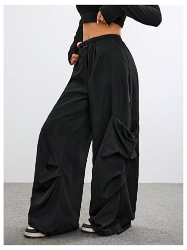 GORGLITTER Women's Parachute Cargo Pants with Pockets Baggy Wide Leg Low Waisted Oversized Loose Drawstring Pants2