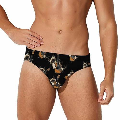Siamese Cat Playing an Electric Guitar Mens Swim Briefs Bikini Sexy Low Rise Trunks Swimsuit Bathing Suit Beach