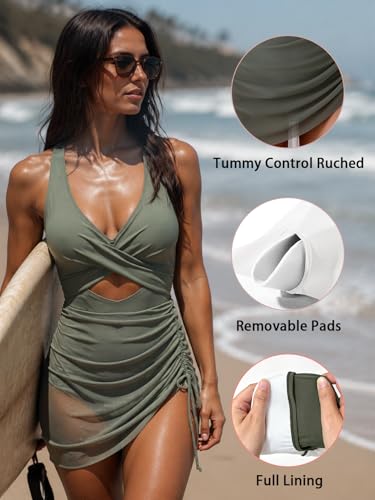 Image of B2prity Women Mesh One Piece Swimdress Swimsuit Tummy Control V Neck Cutout Bathing Suit Wrap Drawstring Sarong Swimwear