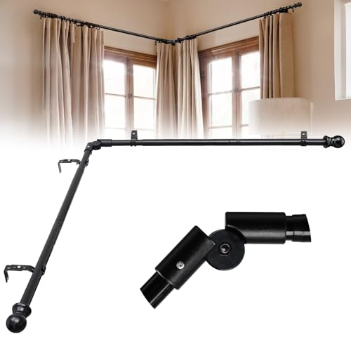 Tringle à rideaux incurvée pour fenêtre de 76 à 345 cm, 1 coude incluse, 25 mm de diamètre, très résistante, pour chambre à coucher, salon - Noir
