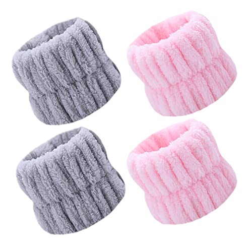 JCKD 4 Piezas Muñequeras de SPA Absorbentes Muñequeras de Lavar Cara Banda de Lavado de Muñeca Pulsera de Microfibra Coletero de Toalla para Mujer Evitar Líquido se Derrame (Gris/Rosa)