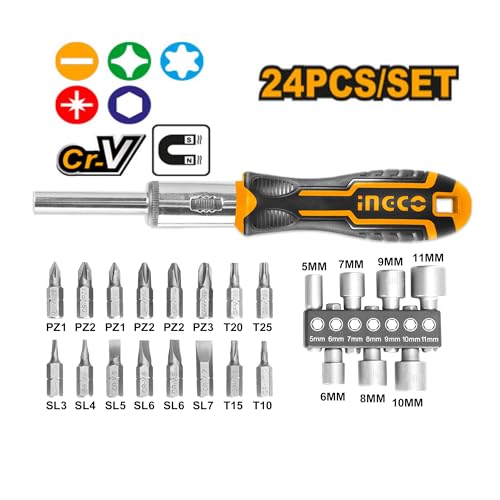Image of INGCO 24 IN 1 Ratchet Screwdriver Set, INGCO Style Ratchet Handle, 16 Pcs Screwdriver Bits, 7 Pcs 1 /4 inch Power sleeve
