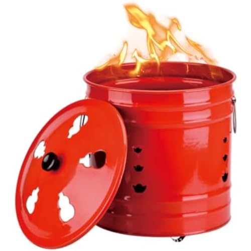 Vzqr 家庭用ドラム缶焼却炉 蓋・ハンドル付き 33cm 燃焼バケツ 紙・落ち葉・木くずを効率的に焼却 屋外・庭のゴミ処理に最適 パターン付き コンパクト (48cm)