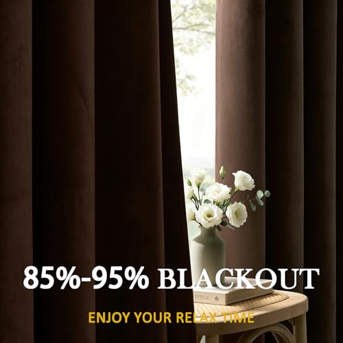 Timeper Dark Brown Velvet Blackout Curtains 84 Inches Long Grommet Top 2 Panels Set Thermal Insulated Privacy Window Drapes for Living Room, Playroom, Guestroom, W52 x L84 inches — view 6