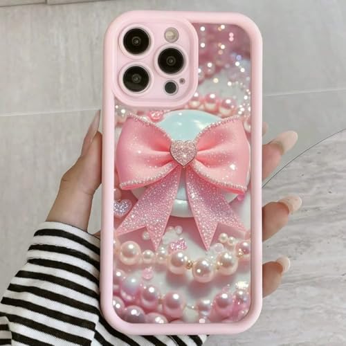 Image of COVERLY Cute Necklace Bowknot Back Case Cover for iPhone 12 Pro | Hot Pastel Pink Ribbon Bow Pearl Design | Camera Lens Protection | Soft Silicone Aesthetic Cover for Girls & Women (Pink, Shockproof)