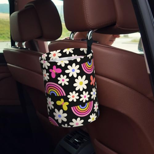 Image of Car Trash Bag Rainbow and Flowers Waterproof Trash Small Car Can Portable Collapsible Car Garbage Can Hanging for Back Seat Floor or Hanging Headrest Car Decor Road Trip Essentials