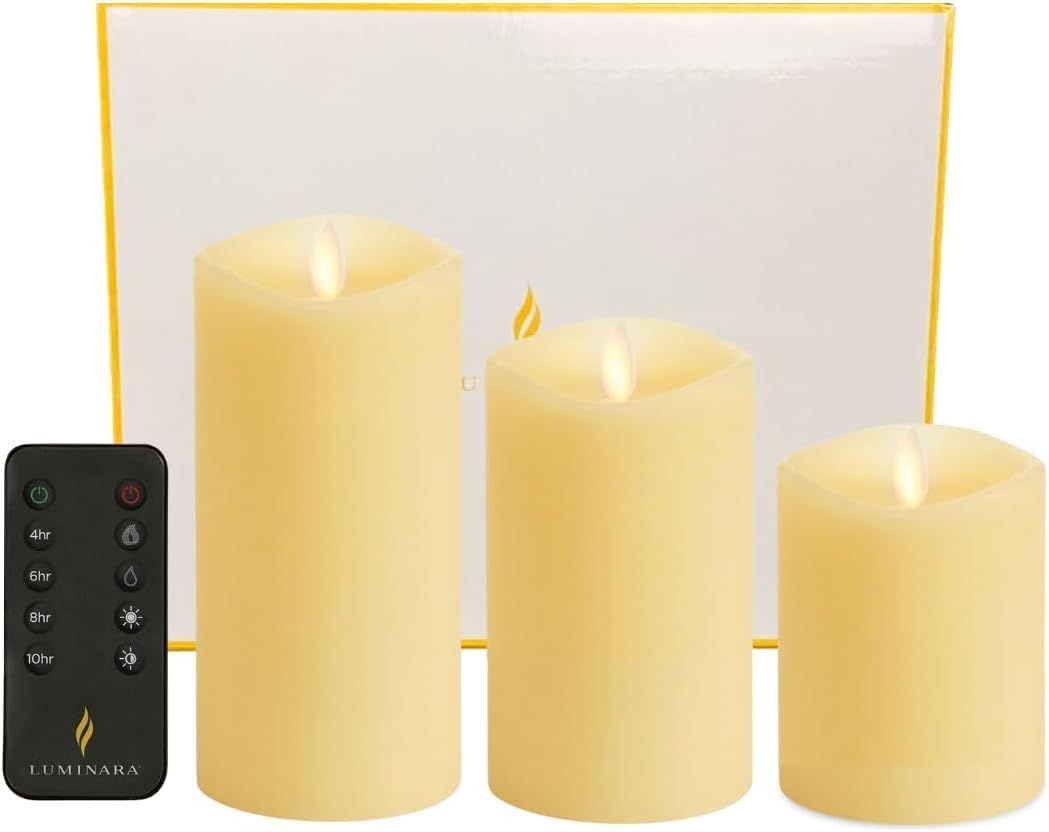 Luminara Set of 3 Ivory Flame Effect Real Wax LED Pillar Candles with Remote Control