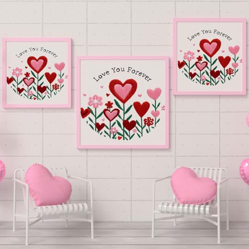 Image of Nuberlic Valentine Embroidery Kit for Beginners - Heart Floral Design Adults Starter Cross Stitch Kit DIY Needlepoint with Hoop, Pre-Printed Fabric, Threads & Step-by-Step Guide