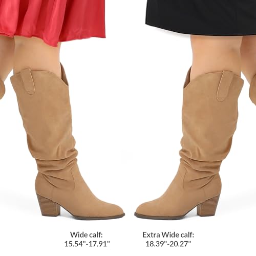 mysoft Women's Wide Calf Knee High Boots Cowgirl Low Chunky Stacked Heel Wide Width Pointed Toe Slouchy Tall Boots with Zippers3