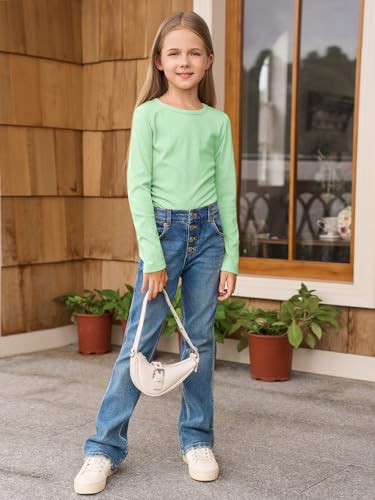 Image of Haloumoning Girls Long Sleeve Shirts Crewneck Ruched Side Slim Fit Tops Ribbed Knit Casual Tee Shirt 4-15 Years