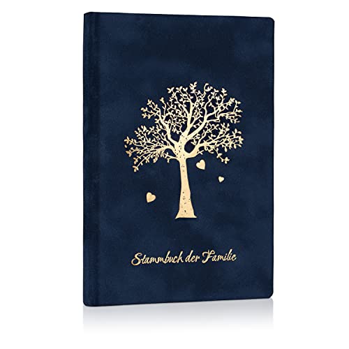 Stammbuch der Familie Hochzeit – Hochwertiges Familienstammbuch Velours Blau mit Goldprägung – 6-Ring Mechanik für Urkunden 13x20 cm – Stammbuch für Heiratsurkunde