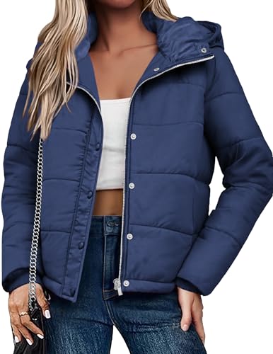 Zeagoo Winterjacke Damen Wintermäntel Warmer Steppmantel Kurze Parka Leichte Steppjacke Übergangsjacke mit Kapuze Blau XXL
