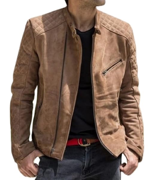 Mens Tan Suede Leather Biker Jacket – Slim Fit Quilted Shoulder Real Lambskin Classic Vintage Style Fashion