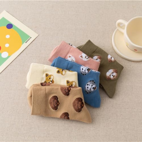 AKAMAS 5 Paar Damen Lustige Hund Shiba Inu Teddyhund Malteser Gemusterte Muster Mehrfarbige Crew Socken,Warm Realistische Tier Welpe Stretch Stretch Sport Lässige Socken B