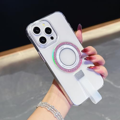 Étui de protection rigide iPhone 16 Plus rose scintillant haut de gamme à dragonne magnétique