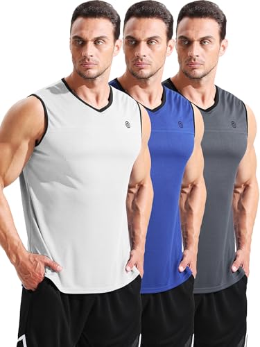 Image of NELEUS Men's 3 Pack Running Tank Tops V Neck Sleeveless Athletic Shirts,5122,White /Blue /Grey,2XL