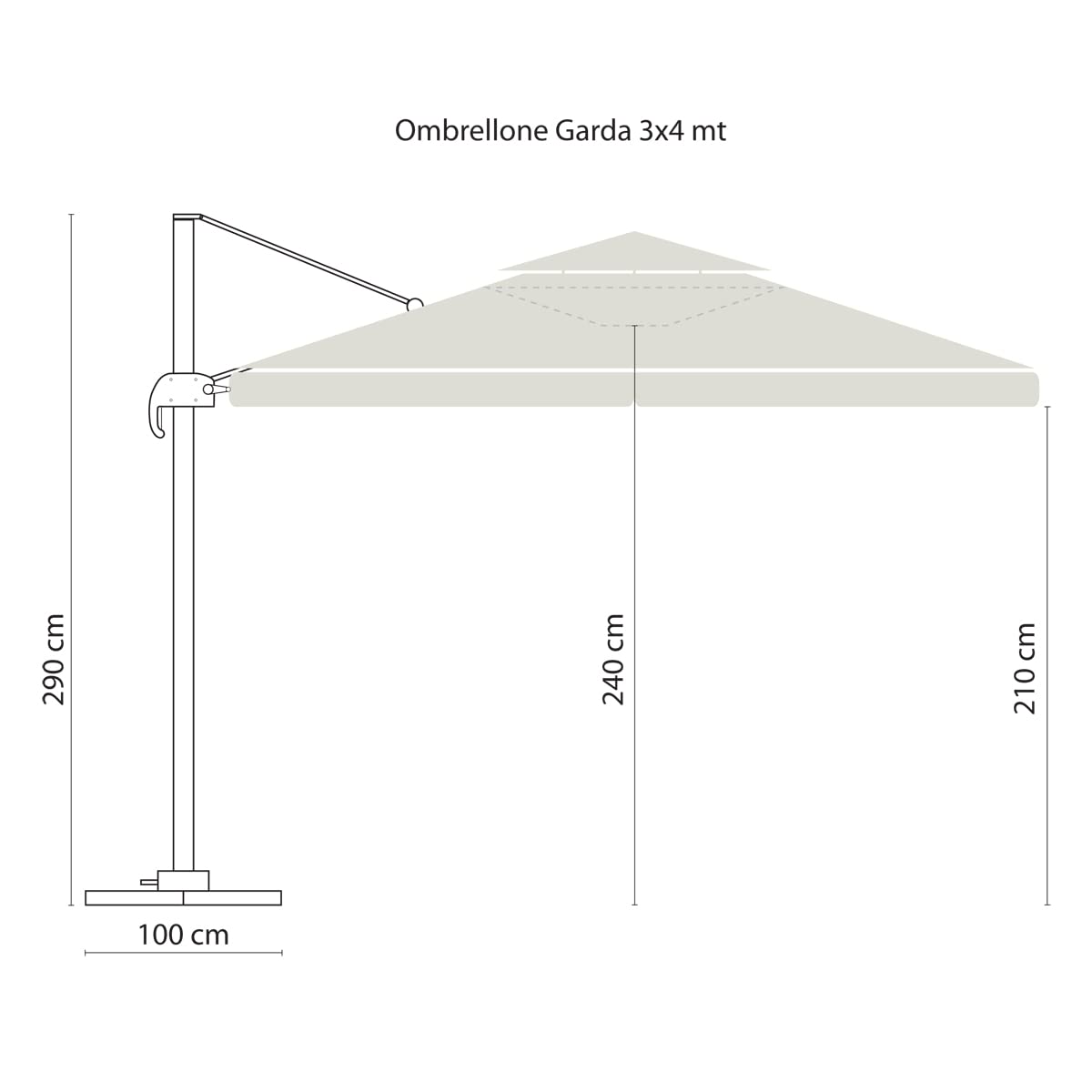 Yellowshop | Ombrellone decentrato braccio laterale in alluminio 3x3 o 4x3 mt con palo girevole telo con flap e Airvent GARDA Bianco (4x3 mt)