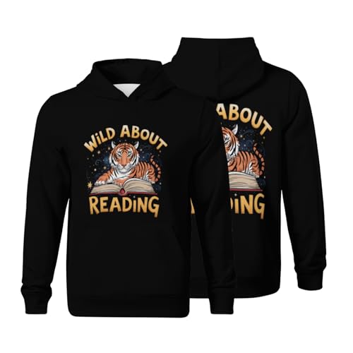 Kids Cool Tiger Design Wild about Reading Vintage Boys Girls Lightweight Kangaroo Pocket Fleece Hoodies