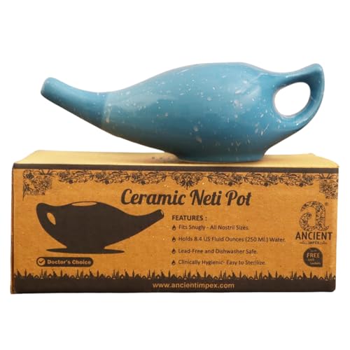 Ancient Impex Pot Neti en céramique 225 ml – Finition bleue mate | Fabriqué à la main, durable et passe au lave-vaisselle | Outil naturel de nettoyage nasal et de soulagement des sinus