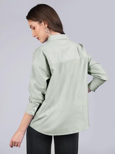 Image of Urbano Fashion Women's Cotton Full Sleeve Oversized Fit Casual Striped Shirt with Spread Collar