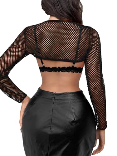 Image of Lilosy Sexy Fishnet Mesh Sheer Crop Top Long Sleeve Shrug Shirt Rave Outfits Cover Up One Piece(No Bra)