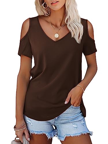 Amoretu Cold Shoulder Tunic Tee Tops Short Sleeves Shirts for Women (Brown,L)