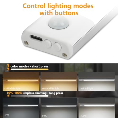 Vicloon Under Cupboard Kitchen Lights LED,3 Color Dimmable Cabinet Light Motion Sensor Indoor Rechargeable Strip Wardrobe Lighting,Magnetic Strip Light,Motion Sensor Cupboard Lights for Stairs,Kitchen - Image 3