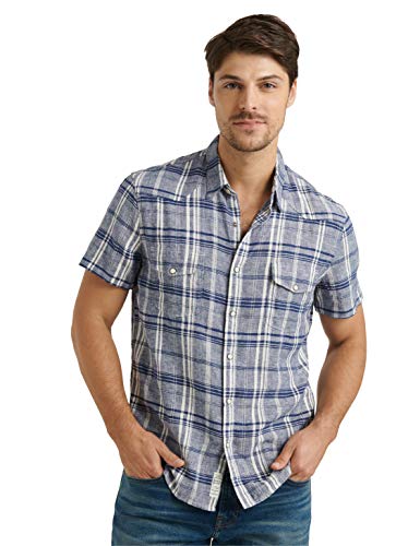 Lucky Brand Men's Short Sleeve Button Up Two Pocket Santa Fe Western Shirt, Blue Plaid, XL
