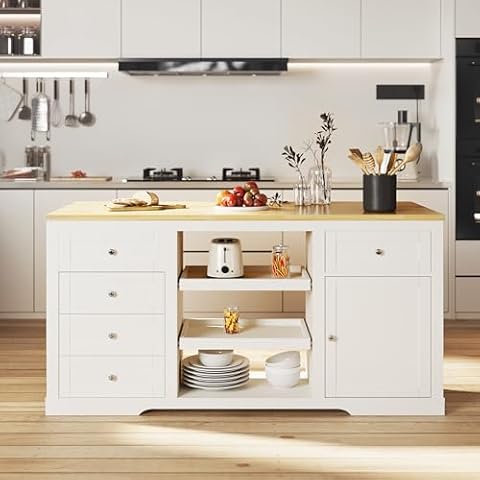 May in Color Kitchen Island with Storage and Drop Leaf, Island Table for Kitchen, Coffee Station Cabinet with Rubber Wood Top, Pull-Out Trays, Drawers, Adjustable Shelf, Power Outlet (White) Cover