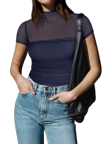 Image of REORIA Women's Sexy Mock Turtle Neck Short Sleeve Shirts Sheer Mesh Ruched Trendy Going Out Bodysuits Tops