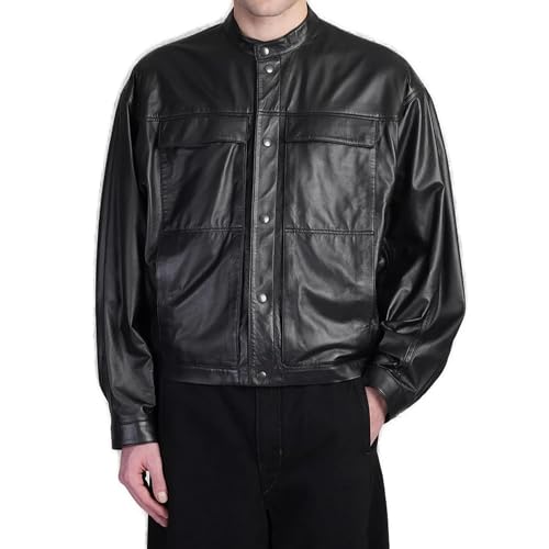 Veste en cuir véritable noir homme fermeture à bouton-pression