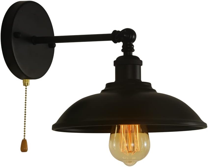 Lámpara de pared negra vintage, 1 interruptor de luz, lámpara de pared industrial con cadena de tracción para sala de estar, dormitorio, baño,