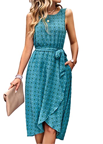 Robe midi à pois bleue avec poches idéale pour vos promenades d'été décontractées