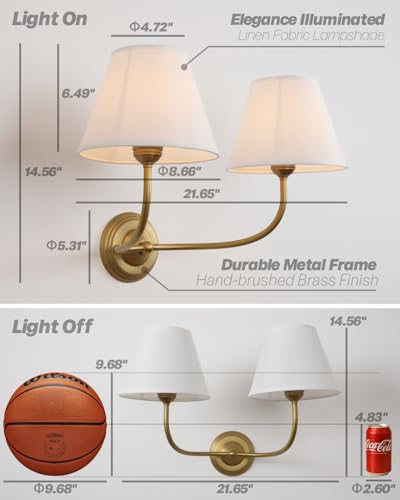 Image of Vintage 2-Lights Fabric Sconces Wall Lighting with White Cloth Shade, Double Arm Wall Lamp Fixture for Living Room Bathroom Bedroom Hallway