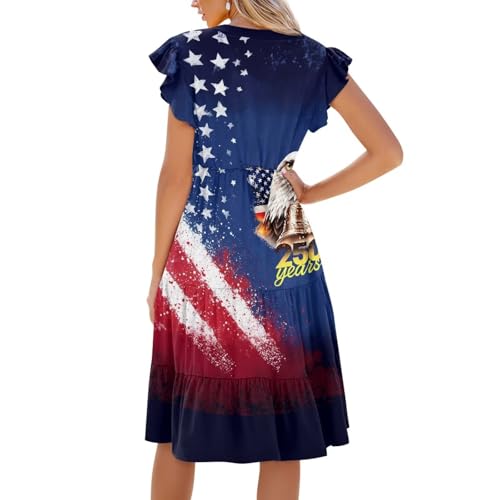 Image of Women's Casual Ruffle Sleeve Dress V Neck Pullover Dress Flowy A-Line Pleated Lightweight Dress with Pockets
