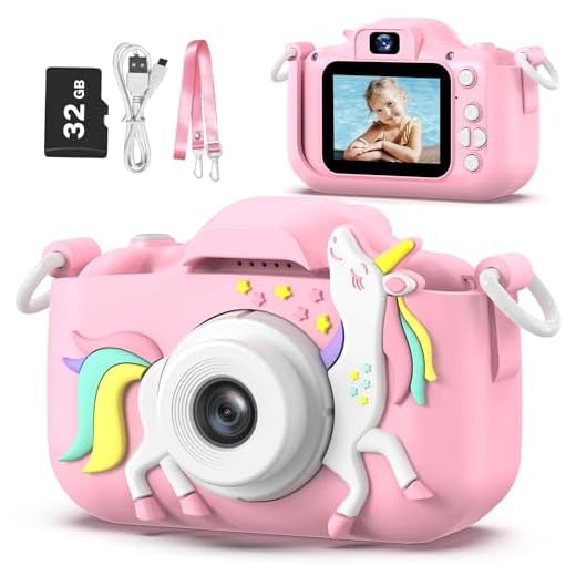 Goopow Kids Camera Toys for 3-8 Year Old Girls,Children Digital Video Camcorder Camera with Unicorn Soft Silicone Cover, Best Christmas Birthday Festival Gift for Kids - 32G SD Card Included