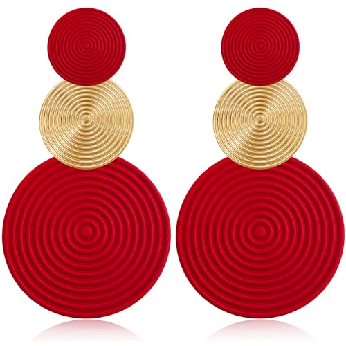 Handmade Long Round Alloy Dangle Drop Earrings - Statement 60s 70s 80s Vintage Gold Disk Round Disc Earrings - Boho Lightweight Summer Beach Jewelry Earring for Women (Red Gold 14) by JNONL - Used condition - US$8.51