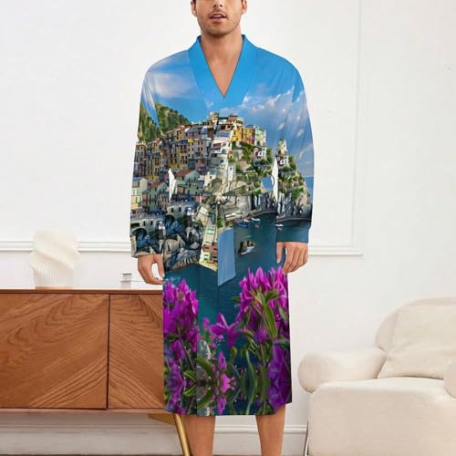 Italy Manarola's Coastline Soft Robe Long Sleeve Bathrobes V Neck Sleepwear Spa Robes with Belt Men Woman2