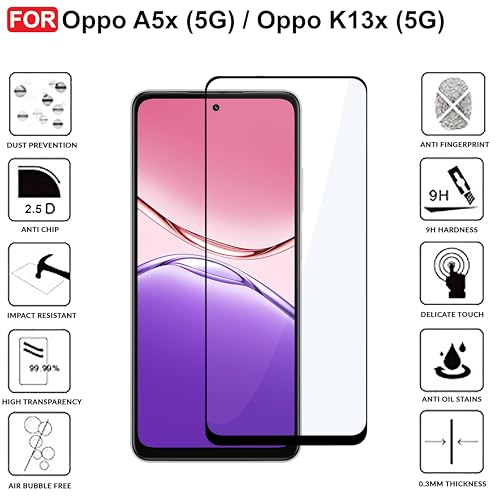Image of CEDO Tempered Glass for Oppo A5x (5G) / Oppo K13x (5G) | Screen Protector Full HD Quality Tempered Glass Anti-Scratch Edge to Edge Coverage with Easy Installation Kit (Black)